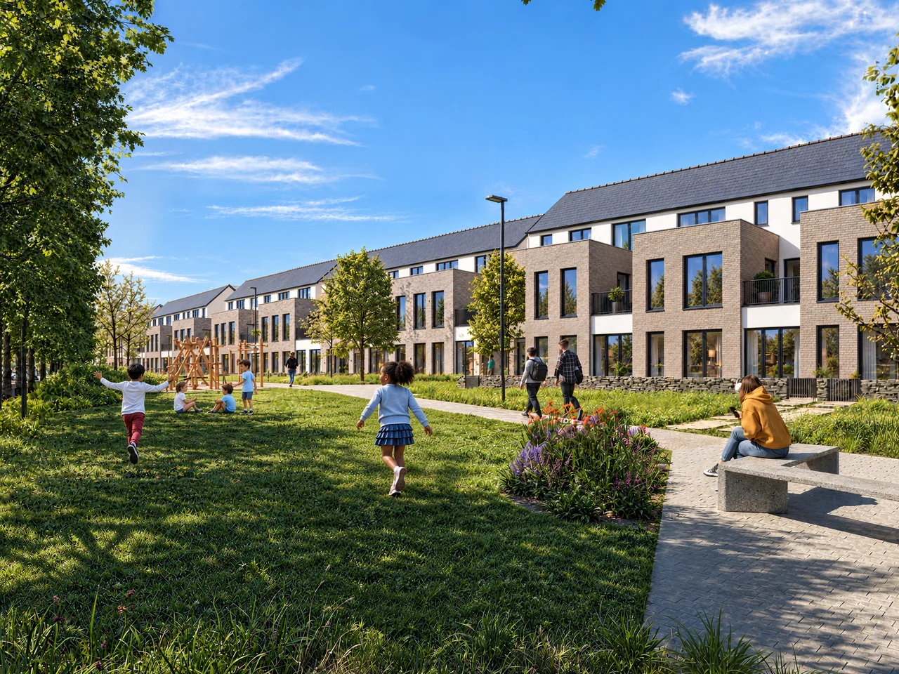 Artist’s impression of the shared green and small play area beside the updated terraces